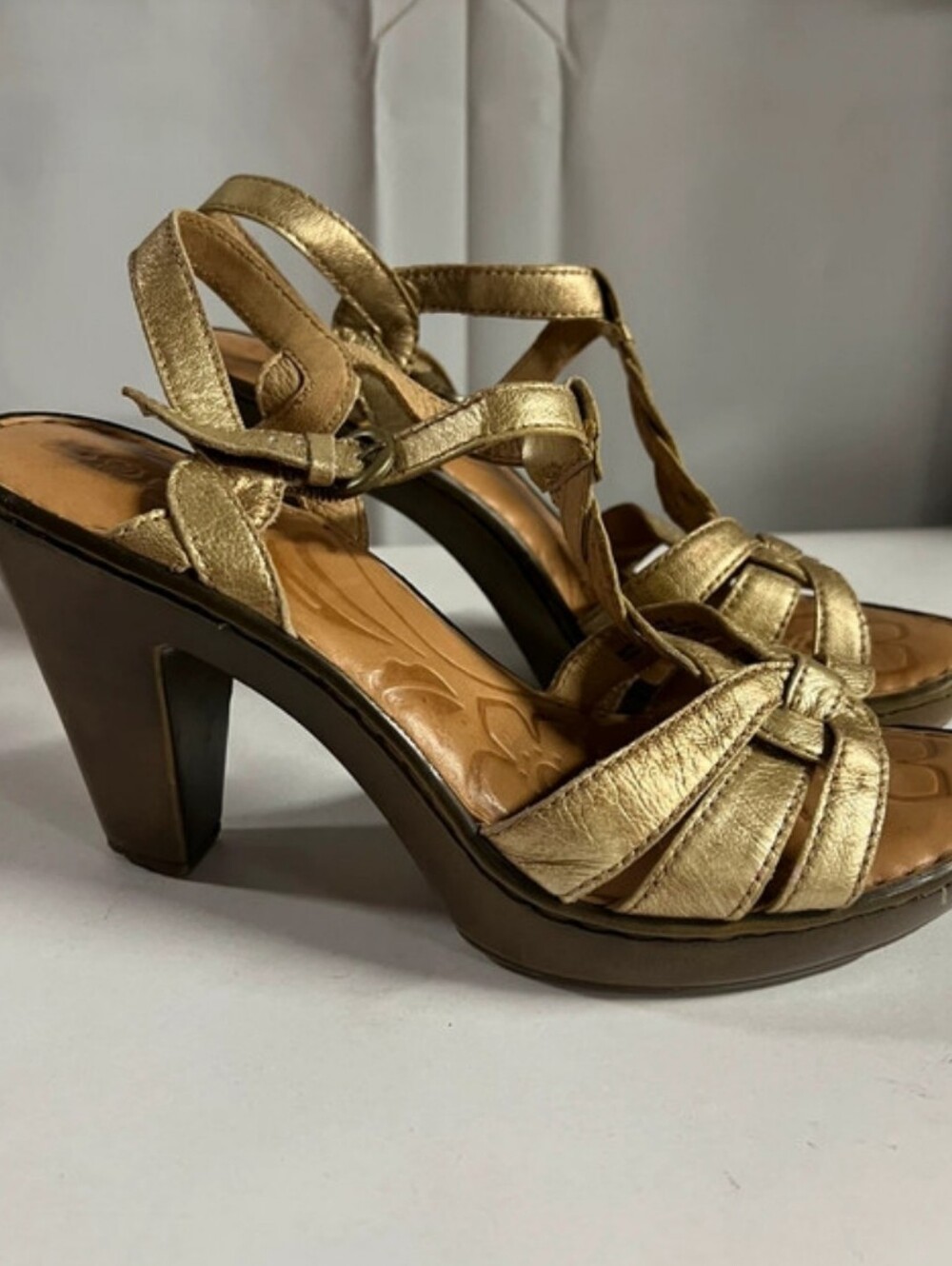 BORN.. Metallic Gold Strappy High Heel Sandals, Size 9 M-W